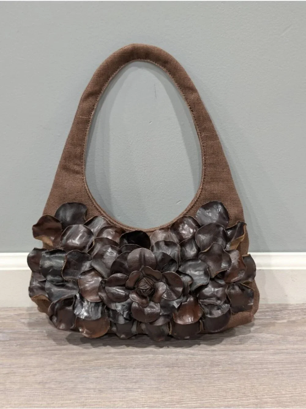 Paolo Masi Italian Leather and Brown Canvas Shoulder Bag Floral Applique Boho
